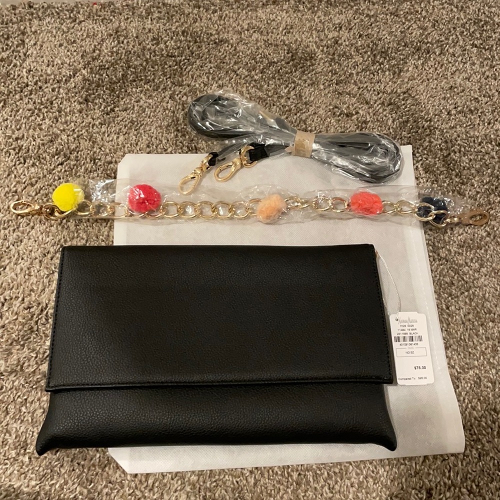 NWT Neiman Marcus black clutch crossbody bag w 2 straps chain Pom Pom leather